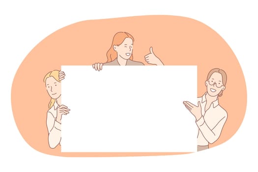Demonstration, promotion, advertisement concept. Young positive business women cartoon characters holding white blank placard with copy space mockup for text and showing thumb up sign with fingers