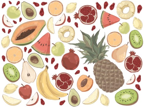 Delicious summer food, watermelon, pineapple, banana, apple, pear, mango, orange, garnet, organic nutrition set. Juice ingredients, tropical fruits concept cartoon sketch. Flat vector illustration