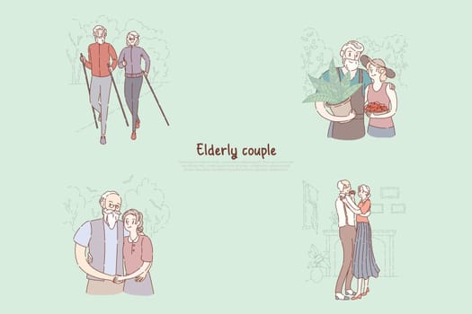 Old married pair, husband and wife on sportive stroll, farming, hugging, dancing together, nursing home banner. Happy retirement, elderly couple concept cartoon sketch. Flat vector illustration