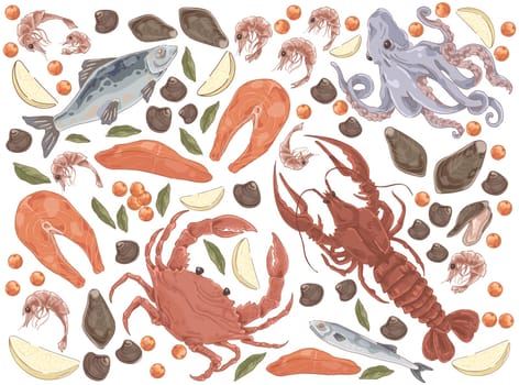 Raw fish, salmon fillet, octopus, mussels, gourmet dinner, lobster, crab, shrimps, lemon pieces, delicious seafood set. Marine cuisine restaurant concept cartoon sketch. Flat vector illustration