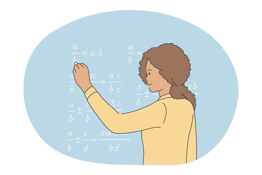 Studying in school, pupil, learning concept. Young curly girl cartoon character standing and solving equation in math on chalkboard in classroom during lesson in school vector illustration