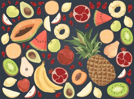 Delicious summer food, watermelon, pineapple, banana, apple, pear, mango, orange, garnet, organic nutrition set. Juice ingredients, tropical fruits concept cartoon sketch. Flat vector illustration