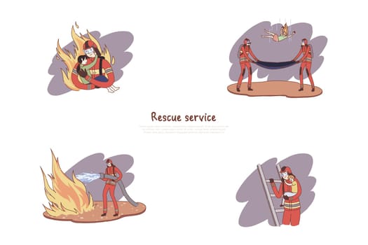 Brave firefighters in uniform, heroes extinguishing fire, rescuing children, rescue service banner. Firefighting department, dangerous profession concept cartoon sketch. Flat vector illustration