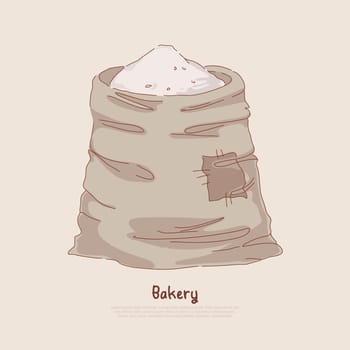 Natural bread, dough, pastry ingredient, powdered wheat, cereal grains harvest, agriculture, bakehouse product, bakery banner. Wholemeal flour bag concept cartoon sketch. Flat vector illustration