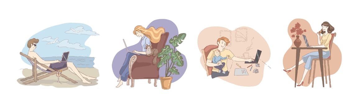 Men and women working with computer, people using laptop for work and internet surfing, social media leisure, freelancers set. Freelance, remote job concept cartoon sketch. Flat vector illustration