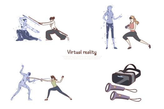Women in vr headsets, ar leisure, fitness training, fencing, video game, digital entertainment, futuristic technology banner. Virtual reality pastime concept cartoon sketch. Flat vector illustration