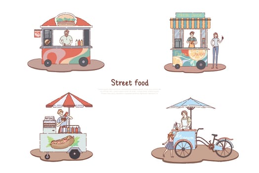 Street lunch kiosk, hamburger, juice, hot dog and ice cream trolleys, takeaway service, delicious snack, small business banner. Fast food sale concept cartoon sketch. Flat vector illustration