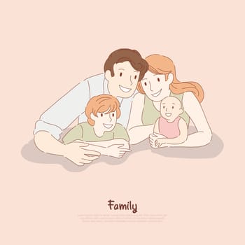 Happy couple with kids, husband and wife with son and toddler, traditional values, childcare, family relationship banner. Young parents with children concept cartoon sketch. Flat vector illustration