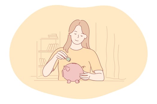 Saving money, piggybank, budget concept. Young positive woman cartoon character putting money into pink piggybank for saving. Collecting money, business, earnings, income