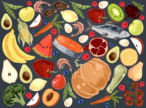 Natural products, delicious vegetables, fruits and seafood, pumpkin, watermelon, fish, raspberry, organic food set. Healthy nutrition, vitamin diet concept cartoon sketch. Flat vector illustration