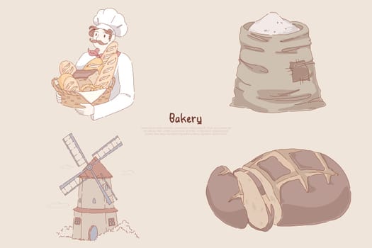 Baker holding basket with delicious baking, wheat flour sack, windmill, sliced rye bread, pastry shop banner. Bakehouse, bakery attributes concept cartoon sketch. Flat vector illustration