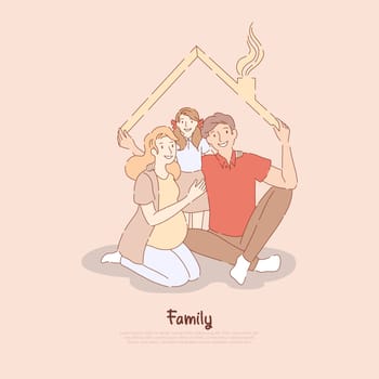 Husband, pregnant wife and daughter, father holding roof, togetherness metaphor, young family housing program banner. Happy parents with child concept cartoon sketch. Flat vector illustration