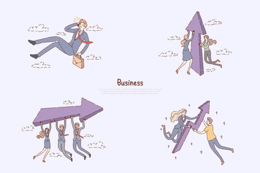Job search, colleagues partnership, teamwork improvement, career growth, promotion metaphors, entrepreneurship banner. Team building, business success concept cartoon sketch. Flat vector illustration