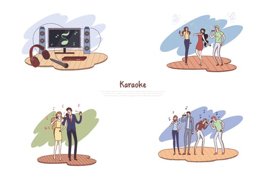 Music entertainment, friends with microphones performing songs together, singing and dancing, musical leisure banner. Karaoke hobby, amateur singers concept cartoon sketch. Flat vector illustration
