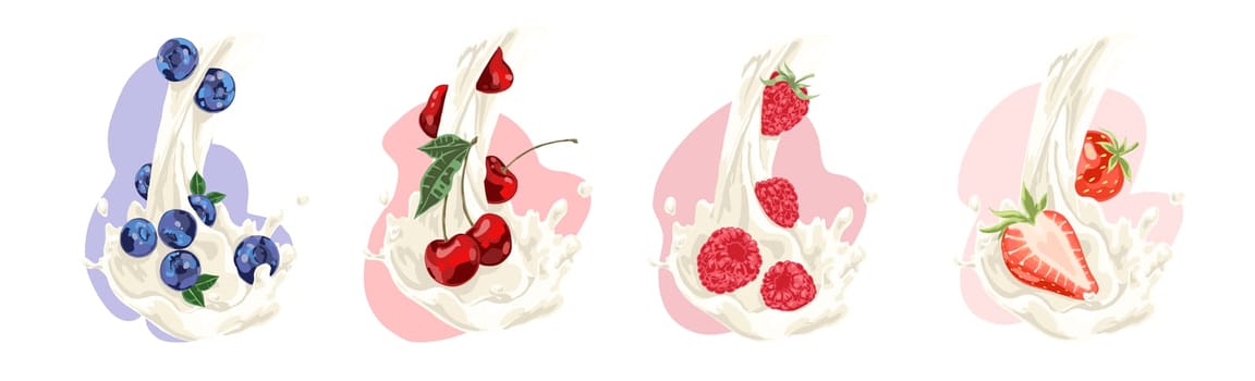 Natural milk flow with juicy blueberry, cherry, raspberry and strawberry, vitamin diet, sweet organic drink set. Delicious yogurt, milky product concept cartoon sketch. Flat vector illustration