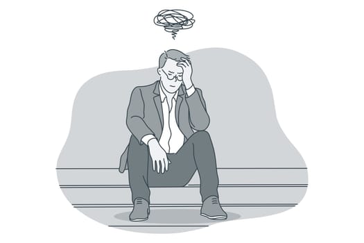 Sadness, mental depression, bad news concept. Young unhappy businessman sitting and thinking about bad news touching head and suffering from depressed state of mind illustration