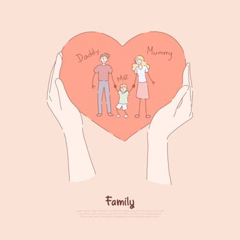 Hands holding greeting card, holiday present, happy couple with little boy, mommy, daddy and son, family love banner. Heart shaped childish crafts concept cartoon sketch. Flat vector illustration