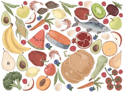Natural products, delicious vegetables, fruits and seafood, pumpkin, watermelon, fish, raspberry, organic food set. Healthy nutrition, vitamin diet concept cartoon sketch. Flat vector illustration