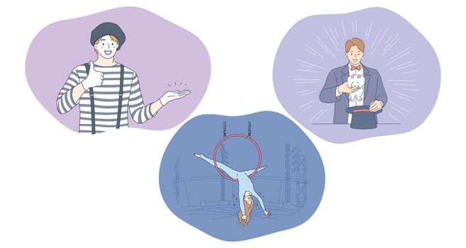 Circus, performance, clown, show, entertainment concept. People clown, magician with hat and woman air gymnast cartoon characters making performance in circus during show. Leisure, art, performer