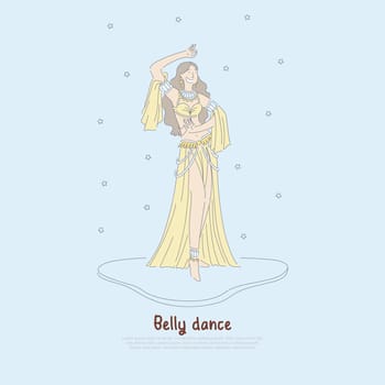 Pretty woman in authentic dress, beautiful dancer performing exotic belly dance, oriental culture banner. Traditional eastern entertainment concept cartoon sketch. Flat vector illustration