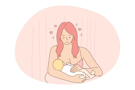 Motherhood, love of Mother, parenthood and childhood concept. Young positive woman mother cartoon character breast feeding her small little infant baby and feeling love and care vector illustration