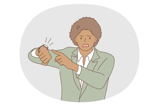 Time management, anger, deadline concept. Young angry black businessman office worker standing and pointing on watch on hand meaning late and rage of deadline finish vector illustration