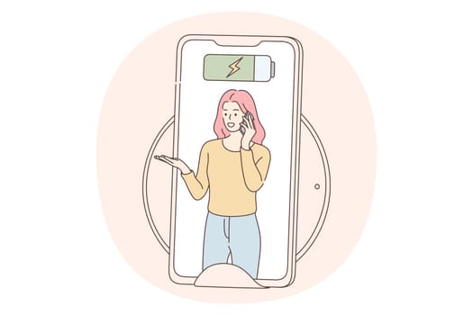Online communication on smartphone, chatting concept. Phone screen chatting battery with talking woman inside as symbol of online communication addiction