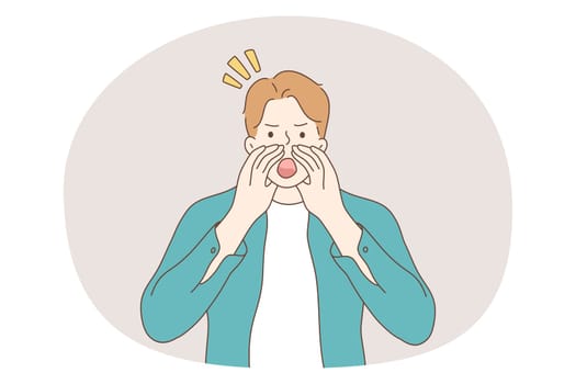 Shouting, announcement, promotion concept. Young angry man cartoon character standing fixing hands near open mouth and shouting screaming information loud marketing advertising