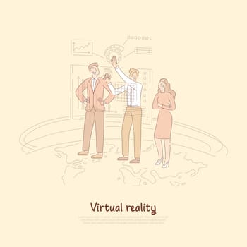 Analyst working with interactive interface, augmented reality ui, business statistics hologram, futuristic technology banner. Stock market analytics concept cartoon sketch. Flat vector illustration