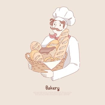 Young man in chef cap holding basket with homemade baking, delicious pastry, baguette, pretzel, bakery, bakehouse banner. Baker with fresh bread concept cartoon sketch. Flat vector illustration