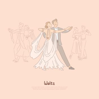Happy couple in ballroom, young man in suit and woman in beautiful dress dancing waltz, ballet school banner. Classic elegant performance concept cartoon sketch. Flat vector illustration