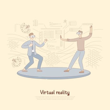Smiling corporate workers in vr headsets, lounge zone, businessmen in futuristic glasses, virtual reality banner. Business competition, rivalry concept cartoon sketch. Flat vector illustration