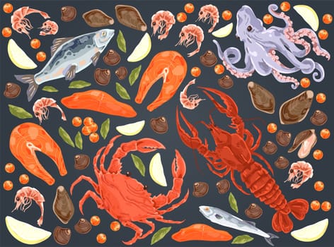 Raw fish, salmon fillet, octopus, mussels, gourmet dinner, lobster, crab, shrimps, lemon pieces, delicious seafood set. Marine cuisine restaurant concept cartoon sketch. Flat vector illustration