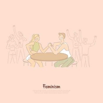 Women versus men, friendly competition, cheerful young girl and guy do arm wrestling, female empowerment banner. Battle of sexes, gender equality concept cartoon sketch. Flat vector illustration