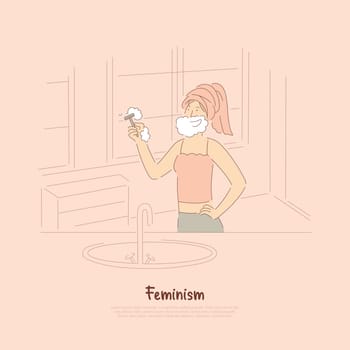 Strong young woman shaving, smiling lady with soap beard holding razor, personal hygiene, body care, feminism banner. Gender equality metaphor concept cartoon sketch. Flat vector illustration