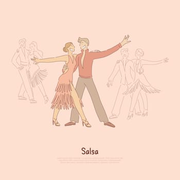 Passionate man and woman performing salsa, young professional performers, dancing school banner. Traditional latin american entertainment concept cartoon sketch. Flat vector illustration