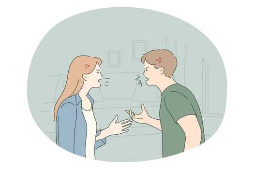 Scandal, quarrelling, fighting concept. Young angry couple standing and shouting at each other at home having problems with mutual understanding feeling aggressive illustration
