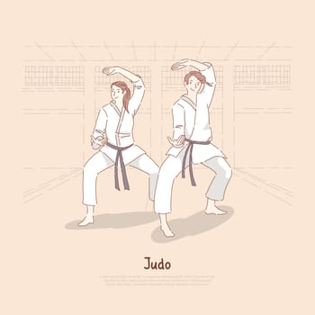 Young people in kimono training in dojo, trainer and student, man and woman practicing karate, self defence classes banner. Judo, oriental martial arts concept cartoon sketch. Flat vector illustration