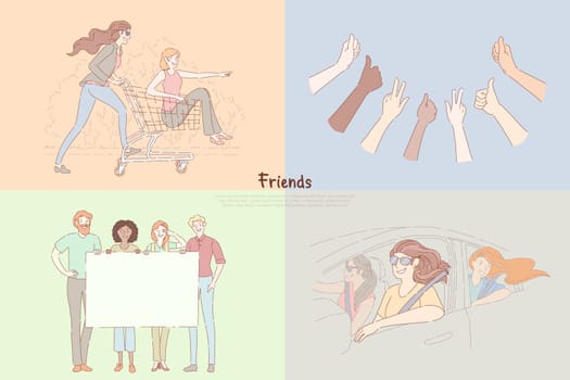 Girlfriends having fun, hands show thumbs up, people holding blank placard, girls on road trip, friendship banner. Friends spend time together concept cartoon sketch. Flat vector illustration