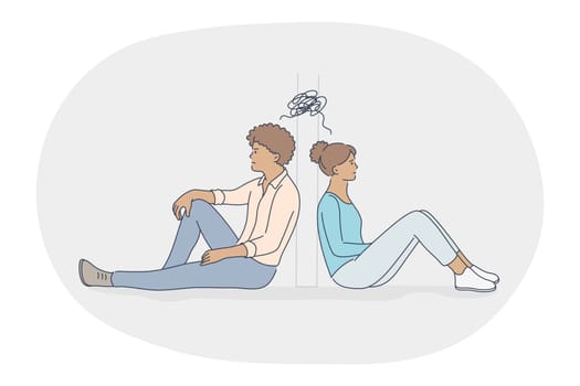 Misunderstanding, quarrelling, fighting concept. Young unhappy couple sitting in different rooms and thinking about problems with mutual understanding feeling lonely illustration