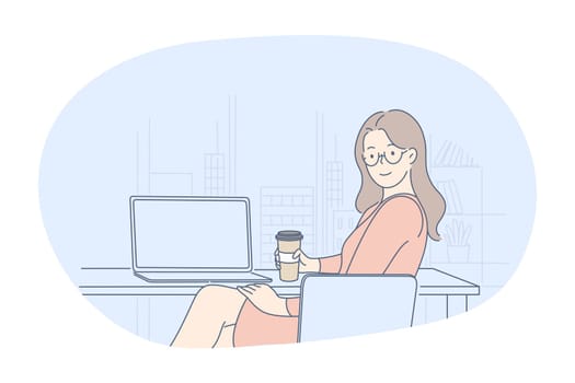 Working in office, modern company interior, online communication concept. Young smiling woman cartoon character sitting on workplace with laptop and coffee, communicating, thinking about work