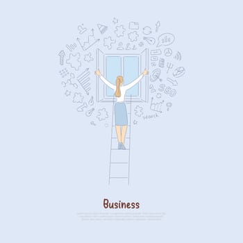 Young businesswoman standing on ladder back view, executive manager opens window, break from work banner. Successful female entrepreneur concept cartoon sketch. Flat vector illustration