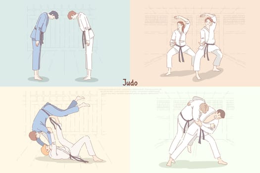 Judo training, young students in kimono bow down, practicing footboard and throw, oriental martial arts banner. Japanese single combat school concept cartoon sketch. Flat vector illustration