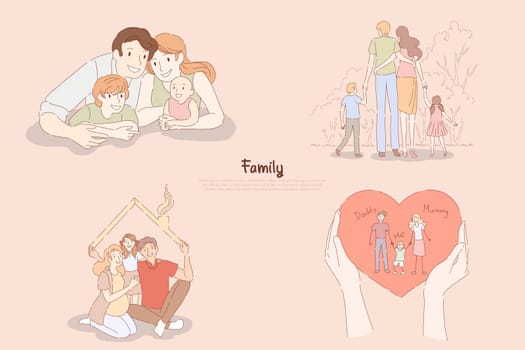 Happy parents with little children, couple with kids together at home or on outdoor stroll, family relationship banner. Traditional values, happiness concept cartoon sketch. Flat vector illustration