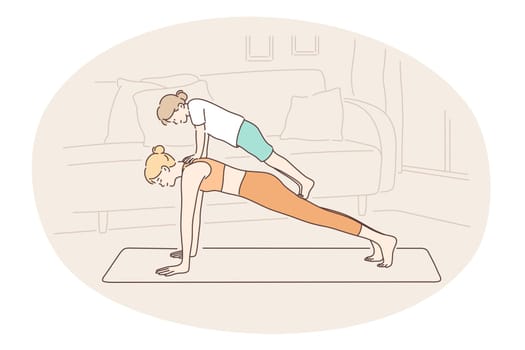 Mother and child, motherhood, home activities with children concept. Young woman mother practicing yoga on fitness mat together with small daughter standing on her back at home vector illustration