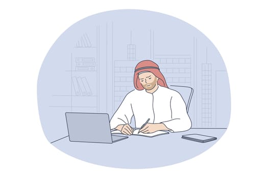 Arab people working in office concept. Young frustrated stressed saudi muslim businessman cartoon character sitting in office with laptop and working online on project. Working process illustration