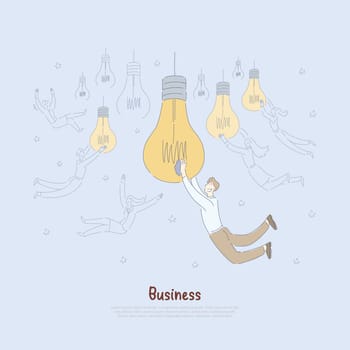 Young entrepreneurs holding big light bulbs, creative startup idea generation metaphor, brainstorm banner. Business development strategy planning concept cartoon sketch. Flat vector illustration