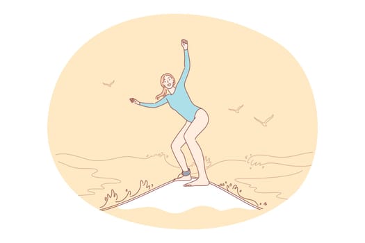 Summer, vacation, relax concept. Smiling woman enjoying water surfing enjoying seaside recreation watching seascape during vacations. Holiday rest and summertime sunbathing on sand