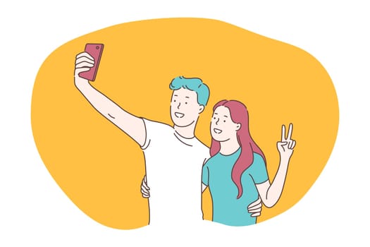 Selfie, smartphone, photograph vector illustration. Smiling young couple showing peace and making selfie on smartphone for sharing in social media. Lifestyle, photo, shot, sharing, stories, online