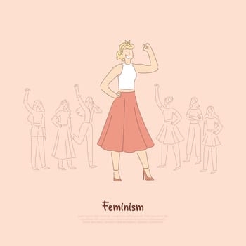 Young independent lady in skirt with raised hand, girl power, gender equality, rights freedom, social protest, feminism banner. Strong confident woman concept cartoon sketch. Flat vector illustration